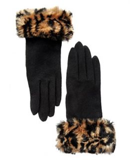 Lauren Ralph Lauren Gloves, Leopard Print Faux Fur Cuff Wool Blend
