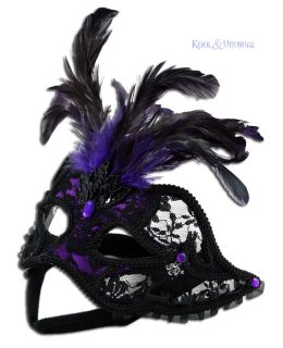 Fancy PURPLE and BLACK Lace Masquerade Mask with Feathers * Lift Up