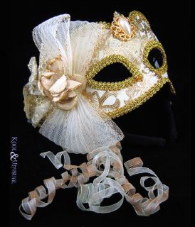 Elegant GOLD and CREAM Masquerade Mask with Curly Ribbons * Lift Up