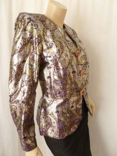 Vintage Paisley Brocade Blazer Jacket Top Purple Gold Metallic Sz 6 s