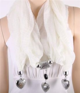 Silver Heart Charm White Fabric Scarf Necklace Costume Jewelry
