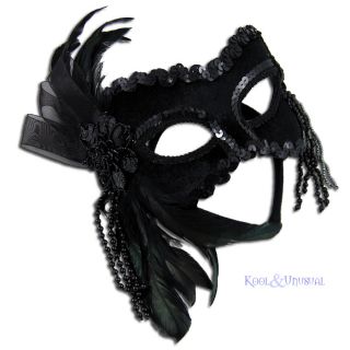 Stunning Black Velvet Masquerade Mask with Feathers and Beads Lift Up