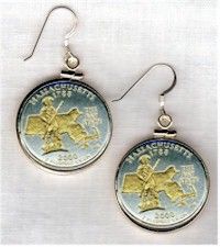 Gold on Silver Massachusetts Quarter Earrings in Plain Edge Gold