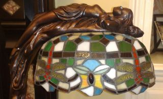 Art Deco Nouveau Bronze Nude Naked Lady Real Tiffany Glass Dragonfly