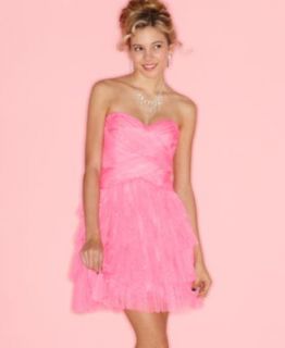 Roberta Juniors Dress, Strapless Sweetheart Tiered Glitter Mesh A Line