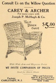 1909 Ad Carey Archer Joseph McHugh Furniture Palm Chair   ORIGINAL