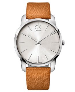 ck Calvin Klein Watch, Mens Swiss City Brown Leather Strap 43mm