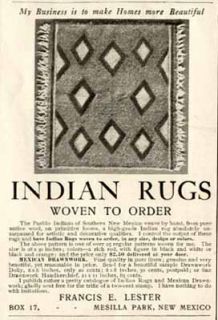 Lester advertisement for Indian Rugs woven to order, Mesilla Park, NM