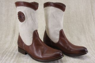Frye Melissa Short Logo Brown Leather Boots 7 5 Cream Canvas Ankle