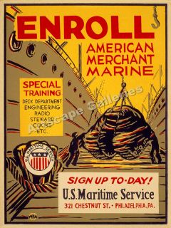 1942 Enroll in The Merchant Marine WWII Poster 24x32