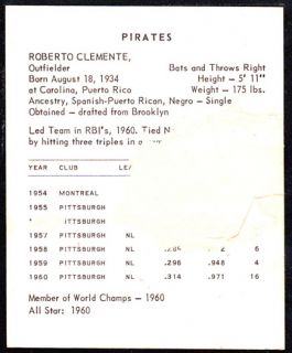 1961 Kahns Wieners Roberto Clemente Pirates