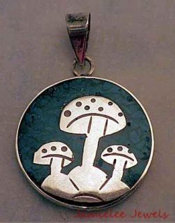 Vintage Mexican Sterling Turquoise Chip Inlay Mushroom Pendant