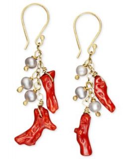 Pearl Earrings, 14k Gold Cultured Freshwater Pearl and Coral Branch