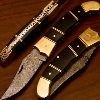 Hand Made Damascus Pocket Folding Knife Real Bull Horn BK 5047