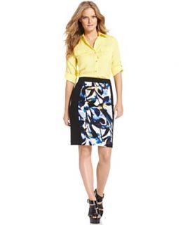 Calvin Klein Long Sleeve Shirt & Printed Ponte Knit Pencil Skirt