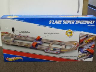 New Hot Wheels 3 Lane Super Speedway Track Set Plug in Electric with