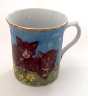 Hand Painted Cats Kittens Flowers Blue Sky Ceramic Coffee Cup Mug