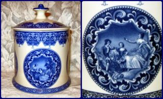 Blue Toile Courting Cameos Transferware Biscuit Jar with Lid Romantic