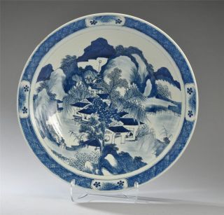 Huge 19c Chinese Blue and White Porcelain Charger Landscape 47cm