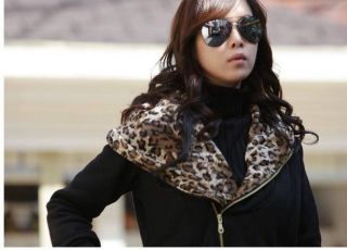 Neue Damen Leopard Mantel Kapuze große Revers langer Reißverschluss