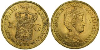B780 NIEDERLANDE 10 Gulden 1911 Wilhelmina 1911 1917 GOLD