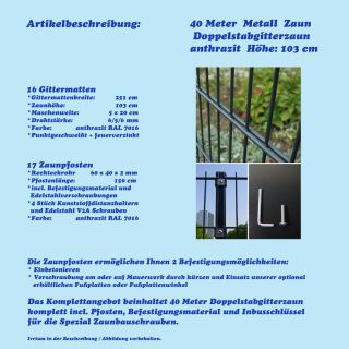 40m Metall Zaun Höhe 103cm Gartenzaun Farbe anthrazit