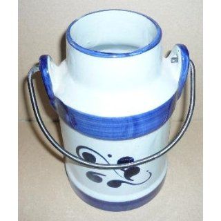 Milchkanne aus Keramik mit Henkel Dekor grau blau Küche