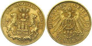 B178 J.212 Hamburg 20 Mark 1913 Gold