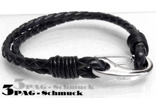 Geflochtenes Leder Armband Schwarz Edelstahl 19   23 cm