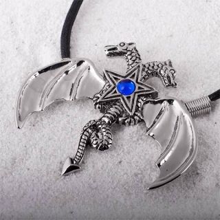 Gothic Kette Drachen Pentagramm Anhänger Amulett blau
