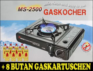 Portabler Gaskocher + 8 x 227g Gaskartuschen 2500 Campingkocher Mit
