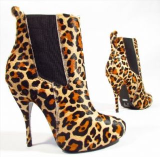 BUFFALO Ponyfell Damen High Heels Ankle Boots mit Plateau Leopard