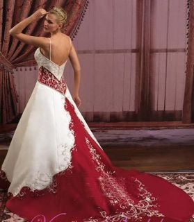 Abendkleid Brautkleid Brauch Weiß/Ivory+Rot Ballkleid Beads Stickerei