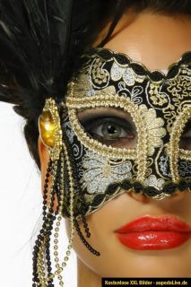 Venezianische Maske Brokat Maske Schmuckelementen und Federn schwarz