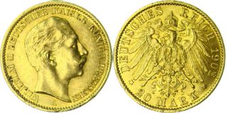 A507 J.252 Preussen 20 Mark 1908 Wilhelm II. GOLD