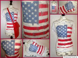 Missy Long Shirt USA Print Flagge Amerika Vintage Strass Viskose Gr. M