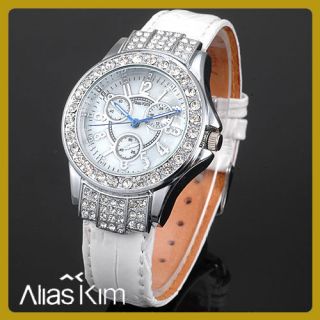 Alias Kim Damenuhr Armbanduhr Quarzuhr Uhr mit Strass,Weiß,Silber,NEU