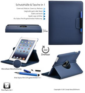 Neu iPad 2 3 Luxus Leder Denim Tasche 360 Grad Schutzhülle Case Cover