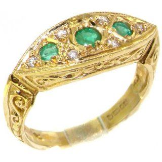 Damen Ring Solide 9 Karat Gold Gelbgold Boat Stil Smaragd & Diamant