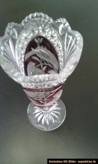 Bleikristall, Kristallvase, Vase, klar/rot, mit Vogelmotiv, Höhe ca