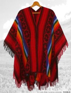 PERU Indianer PONCHO ROT + Regenbogen + Muster schwarz