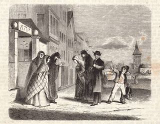 Grafik,1864,Judaika:Getto Tor,Juden & spottender Knabe!