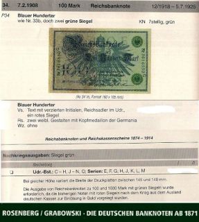 Banknote Schein 100 Mark 1908 Reichsbanknote Berlin Ro.34 P 34 SEHR