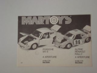 Pubblicità 1974 MARTOYS PORSCHE 911 S/RENAULT ALPINE RALLY