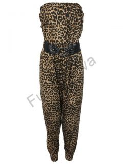 Damen Overall Trägerlos Lang Gürtel Leopardmuster Haremshose Größe