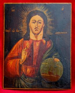 Alte RUSSISCHE IKONE Jesus Christus Pantokrator Antik 19 Jh Antique
