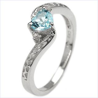 Herz Diamant/Blautopas Ring 925 Sterling Silber Rhodiniert 0,52 Karat