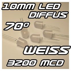 50 Weiße 10mm LED Diffus Weiß Diffus White LEDs 3.6 lm