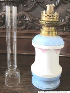 alte Petroleumlampe Keramik blau weiß rosa Öllampe 48 cm hoch