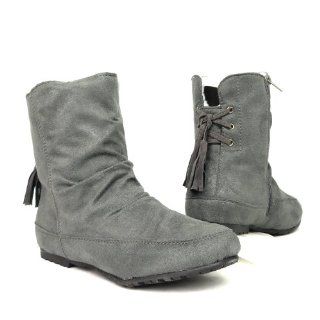  Womens Lace Up Back Suede Flat Ankle Boots Gray , 7.5: Shoes